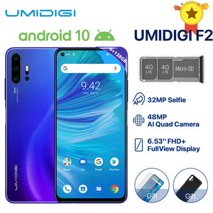 UMIDIGI F2 Phone Android 10 Global Version 6.53" FHD+ 6GB 128GB 48MP AI Quad Camera 32MP Selfie Helio P70 Cellphone 5150mAh NFC